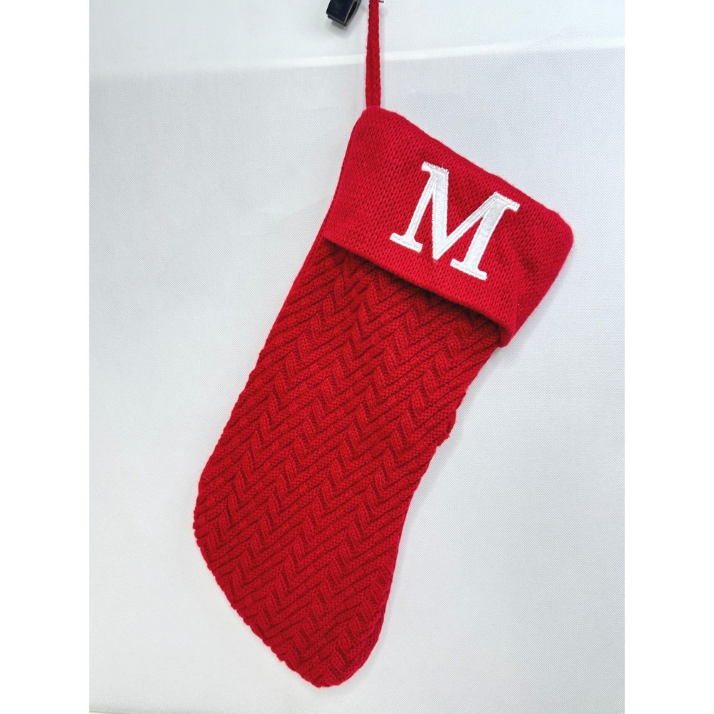 Red Knit Christmas‎ Stocking M Monogram Holiday Time 18" Long Gently Used Decor